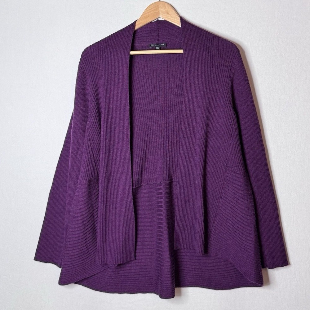 Eileen Fisher Sweater 100% Merino Wool Open Cardigan Purple Sz 1X Italy Ribbed